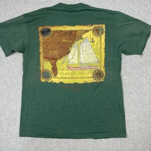 Vtg Premier Sportswear Green Striped Nautical Tall Ship T-Shirt Large Distressed